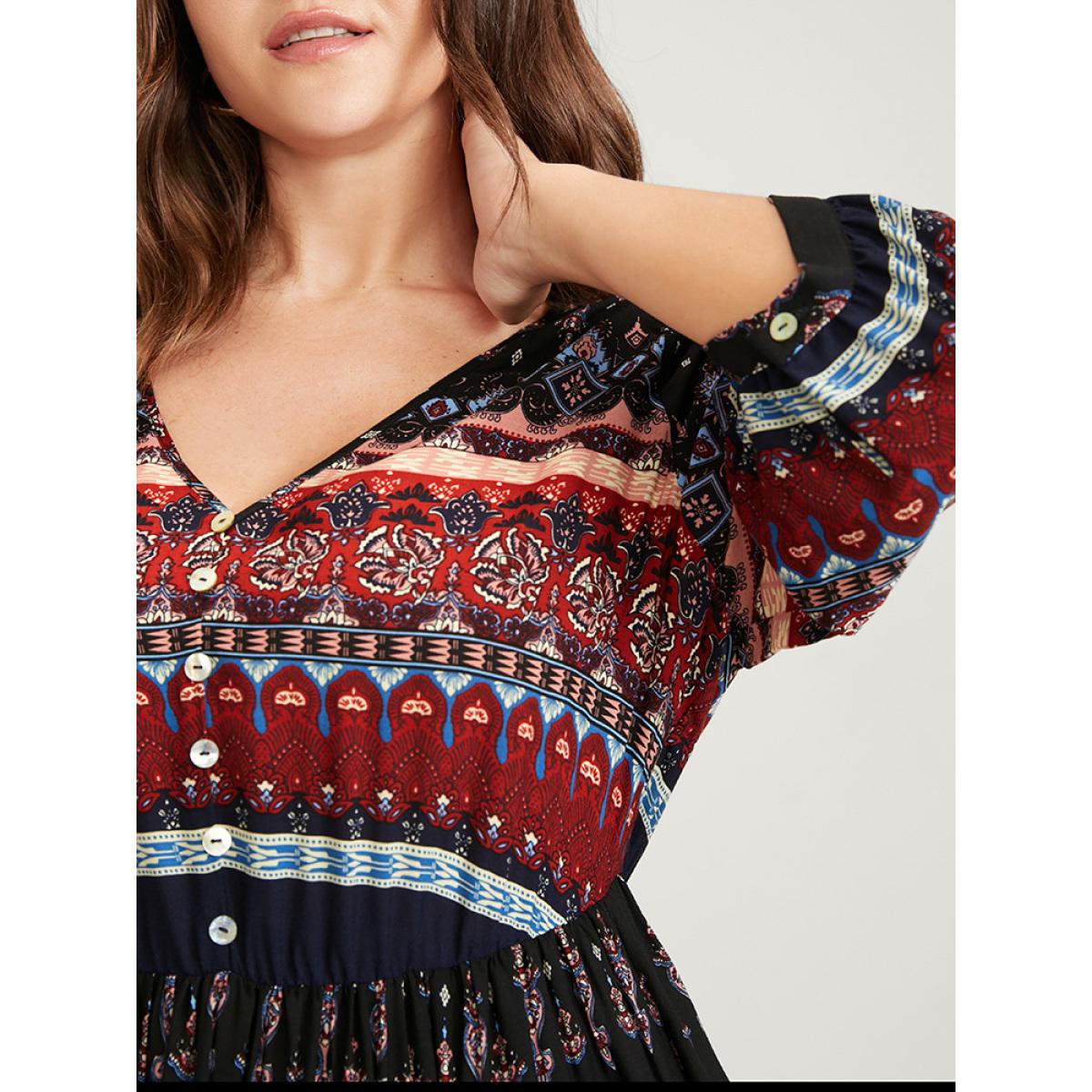 Plus Size Bandana Button Pocket Flutter Split Hem Midi Dress Black Women Elegant Elastic Waist V-neck Elbow-length sleeve Curvy Long Dress BloomChic 28/5X Product Image