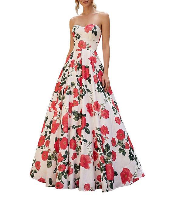 Terani Couture Floral Satin Print Sweetheart Neck A Line Gown Product Image
