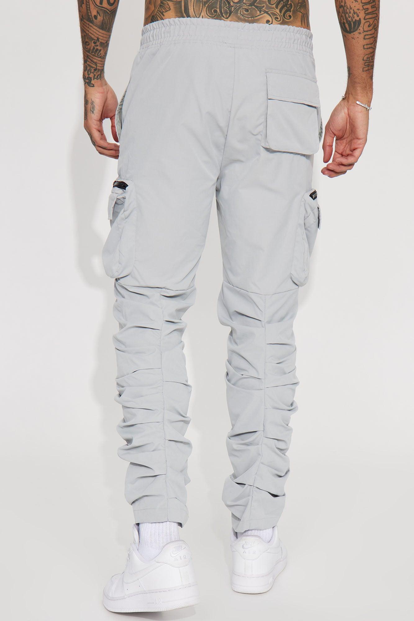 Stacked Ruched Nylon Cargo Pants - Grey Product Image