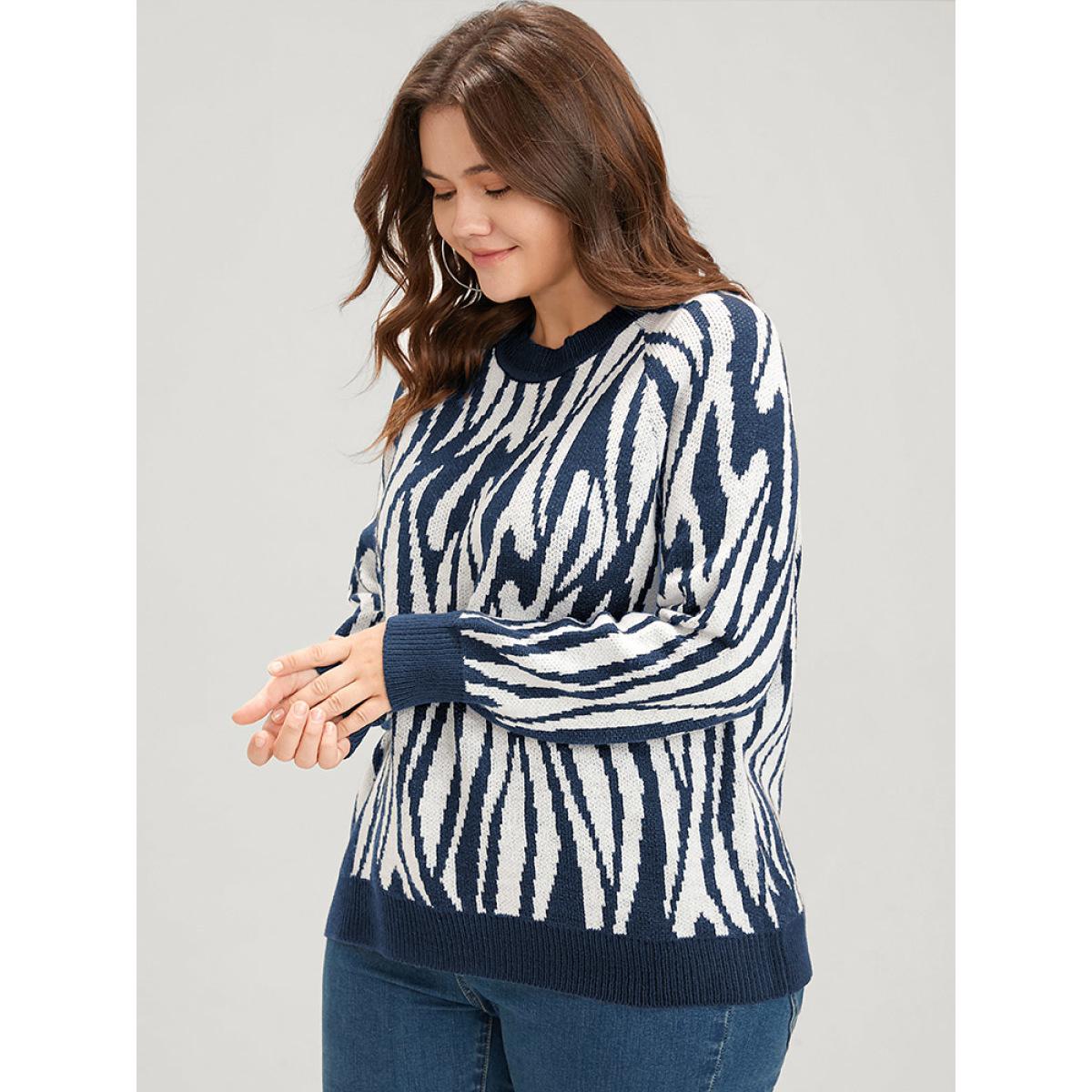 Plus Size Zebra Print Pointelle Knit Raglan Sleeve Jacquard Knit Top Midnight Women Casual Long Sleeve Round Neck Everyday Pullovers BloomChic 12/L Product Image