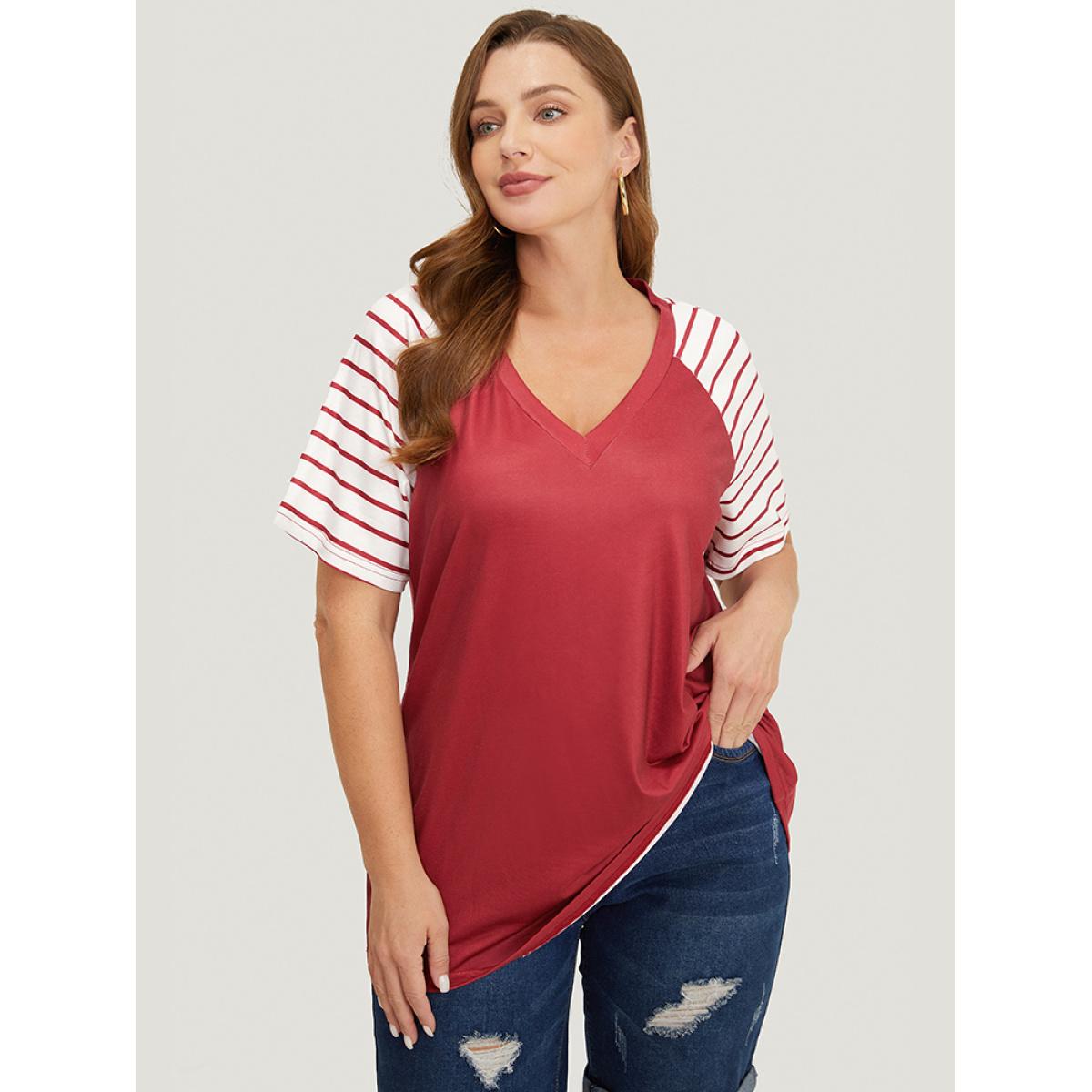Plus Size Striped Contrast Raglan Sleeve V Neck T-shirt Scarlet Women Casual Patchwork Striped V-neck Dailywear T-shirts BloomChic 14-16/1X Product Image