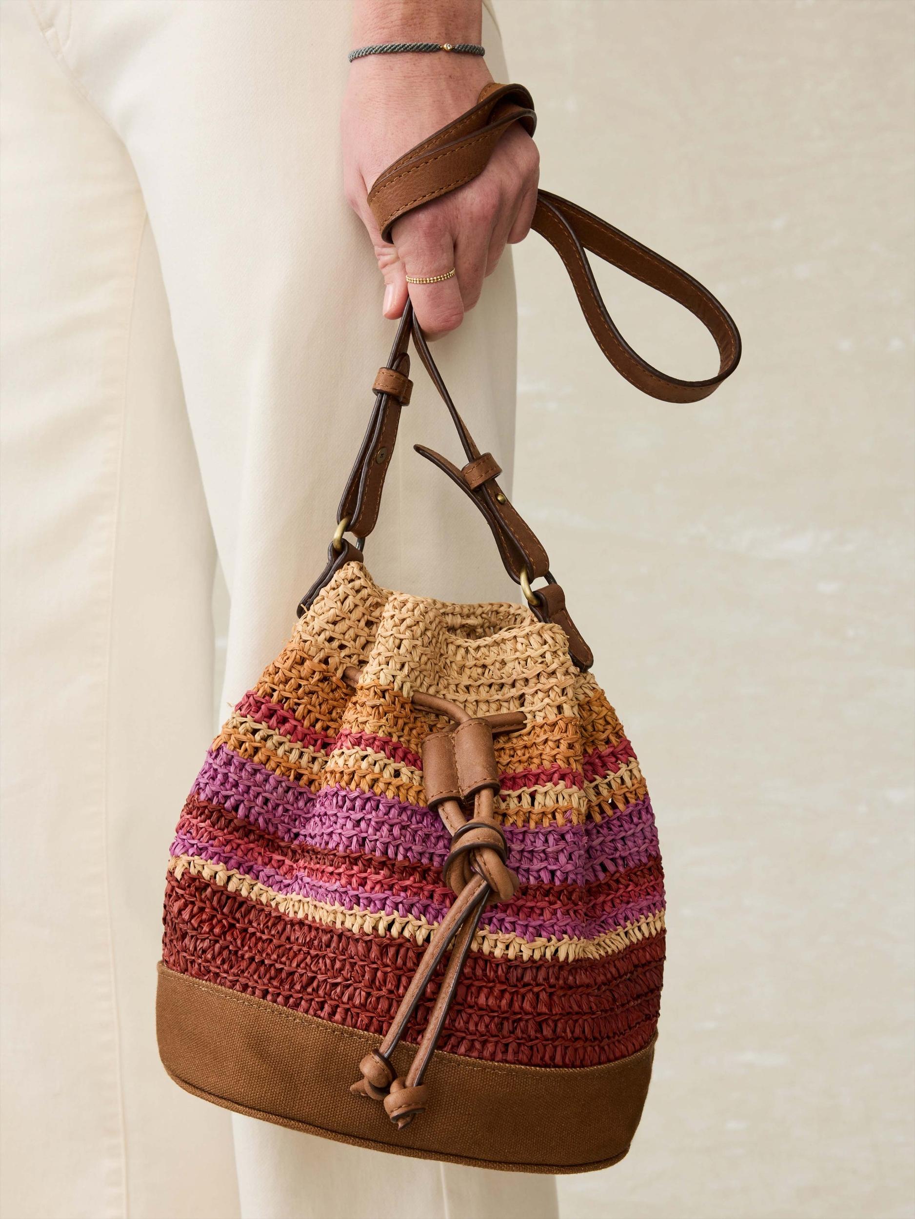 Striped Raffia Drawstring Bucket Bag - Sunrise Stripe Product Image