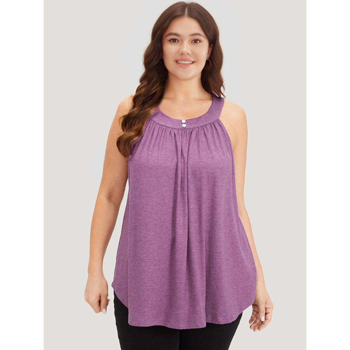 Plus Size Halter Gathered Button Detail Arc Hem Cami Top Women Purple Elegant Gathered Halter neck Dailywear Tank Tops Camis BloomChic 10/M Product Image