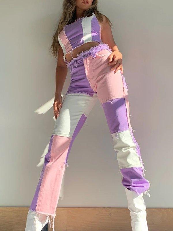 Pastel Patchwork Denim Boyfriend Jeans Product Image