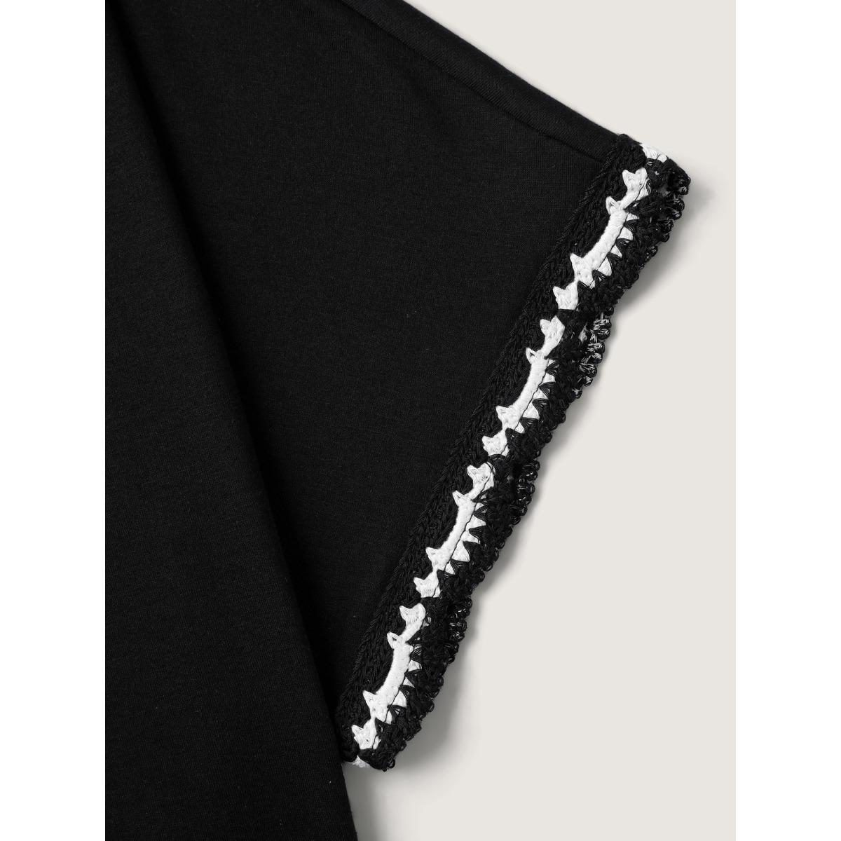 Plus Size Supersoft Stretchy Scalloped Neck Solid T-Shirt Black Women Leisure Woven ribbon&lace trim V-neck Casual T-shirts BloomChic 12/L Product Image