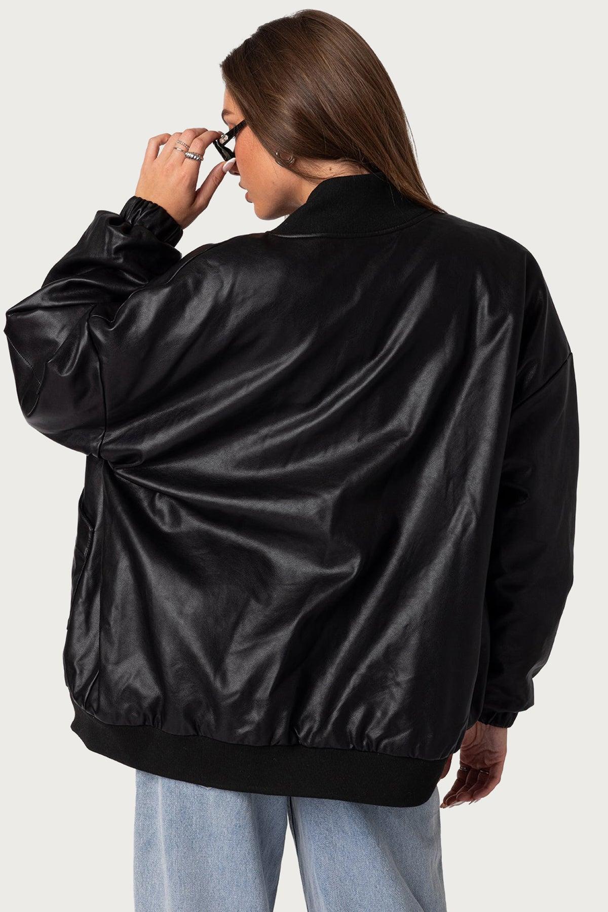 Faux Leather Oversized Bomber Jacket Product Image
