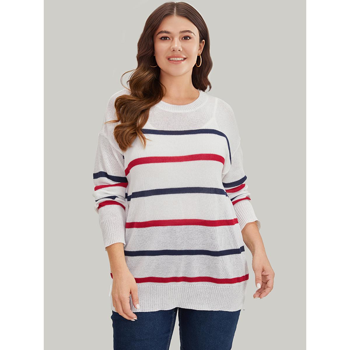 Plus Size Striped Contrast Drop Shoulder Pullover White Women Casual Bodycon Long Sleeve Round Neck Dailywear Pullovers BloomChic 18-20/2X Product Image