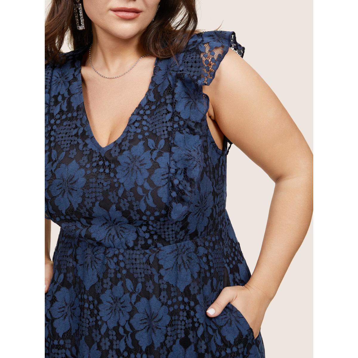 Plus Size Eyelet Lace Pocket Ruffle Trim Sleeveless Dress Black Women Glamour Lace V-neck Sleeveless Curvy Midi Dress BloomChic 30/6X Product Image