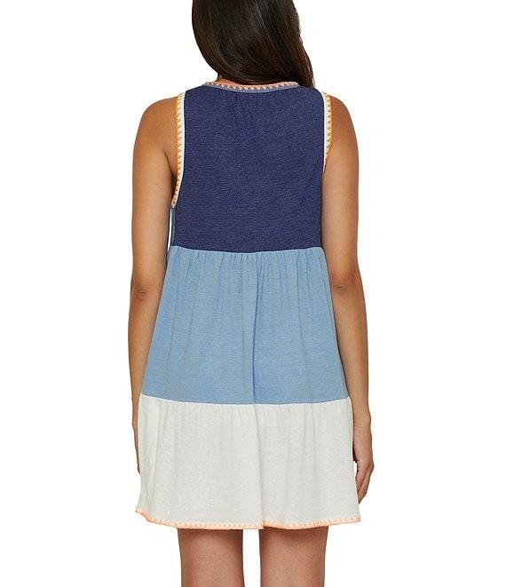 Lucky Brand Lagos Color Block Split V Neck Flutter Hem Swim Cover-Up Dress Product Image