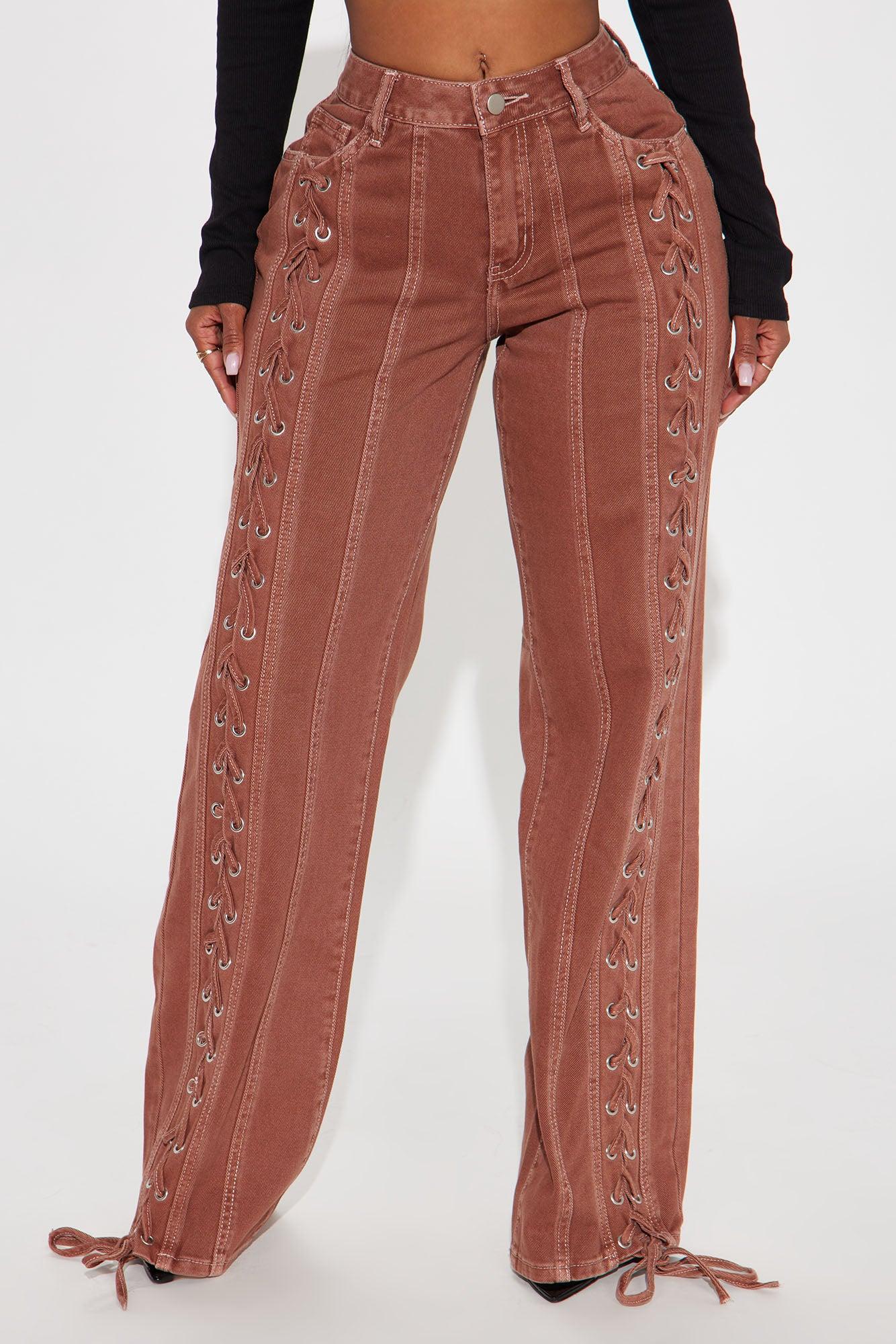 Tie You Down Lace Up Non Stretch Straight Leg Jeans - Brown Product Image