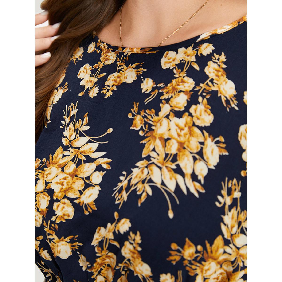 Plus Size Indigo Floral Print Flutter Sleeve Elastic Waist Blouse Women Elegant Short sleeve Round Neck Dailywear Blouses BloomChic 12/L Product Image