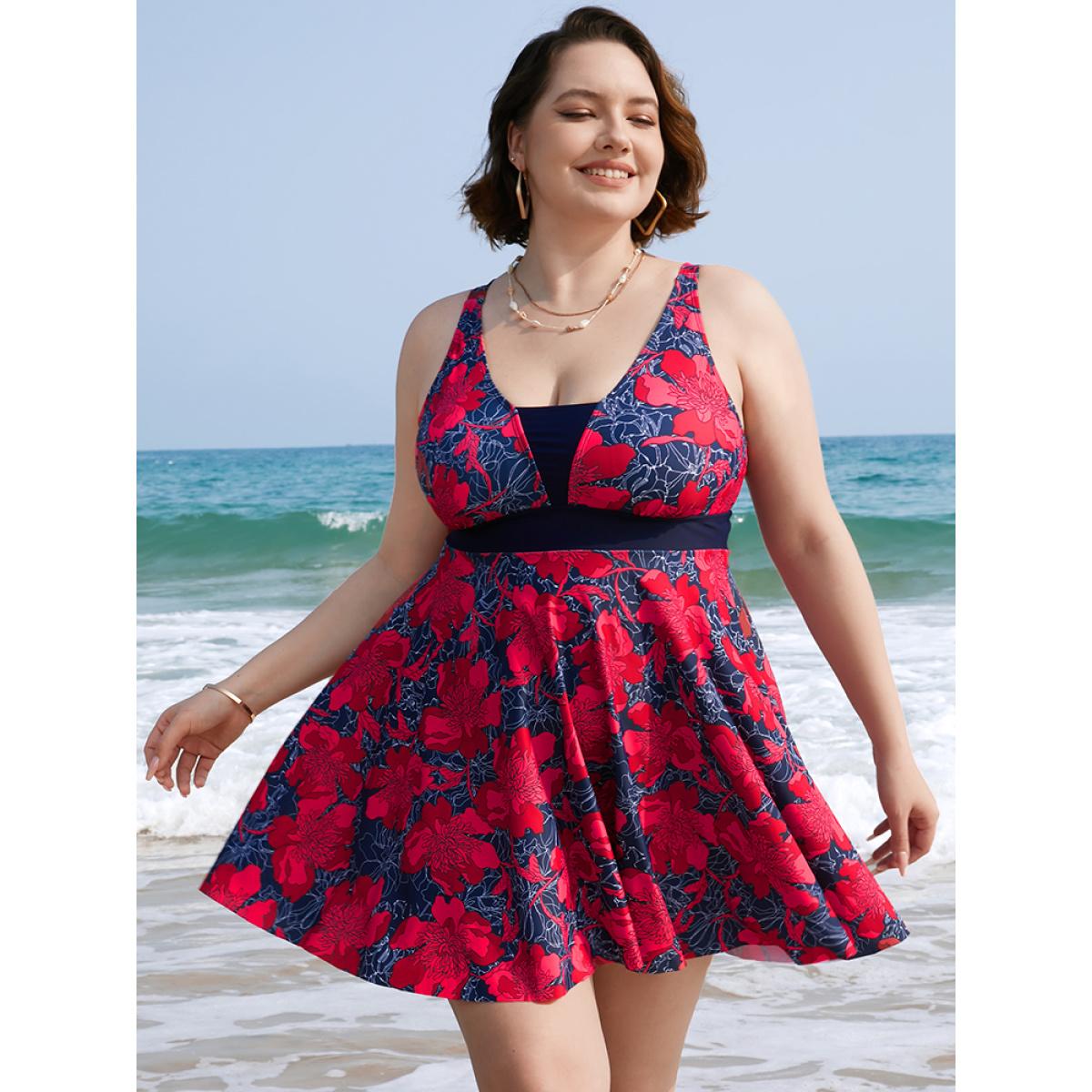 Plus Size Tropical Printed Patchwork Ruffle Swim Dress Women's Swimwear Red Vacation Bodycon V-neck High stretch Curve Swim Dresses BloomChic 10/M Product Image