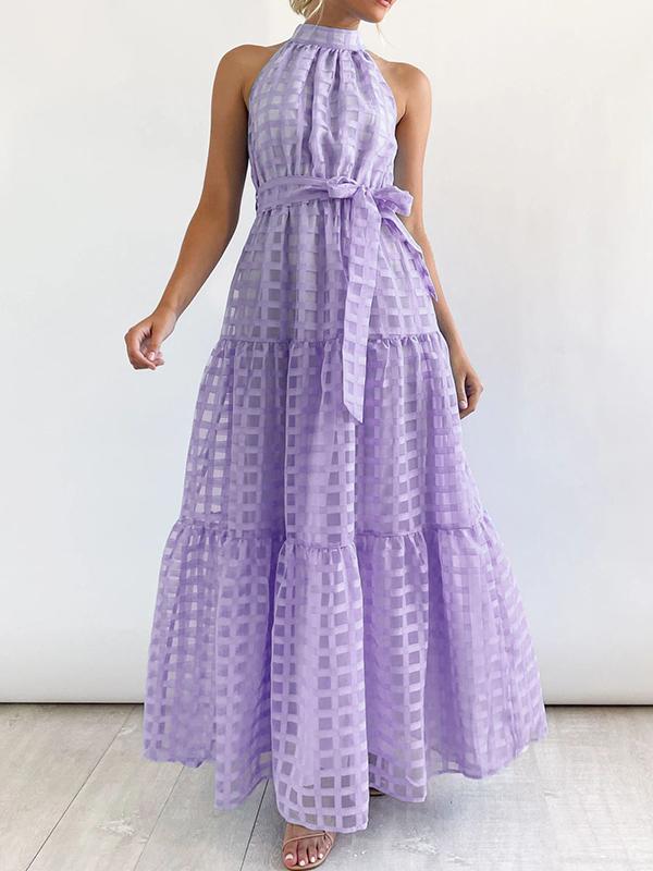 Loose Sleeveless Plaid Ribbed Stand Collar Maxi Dresses Product Image