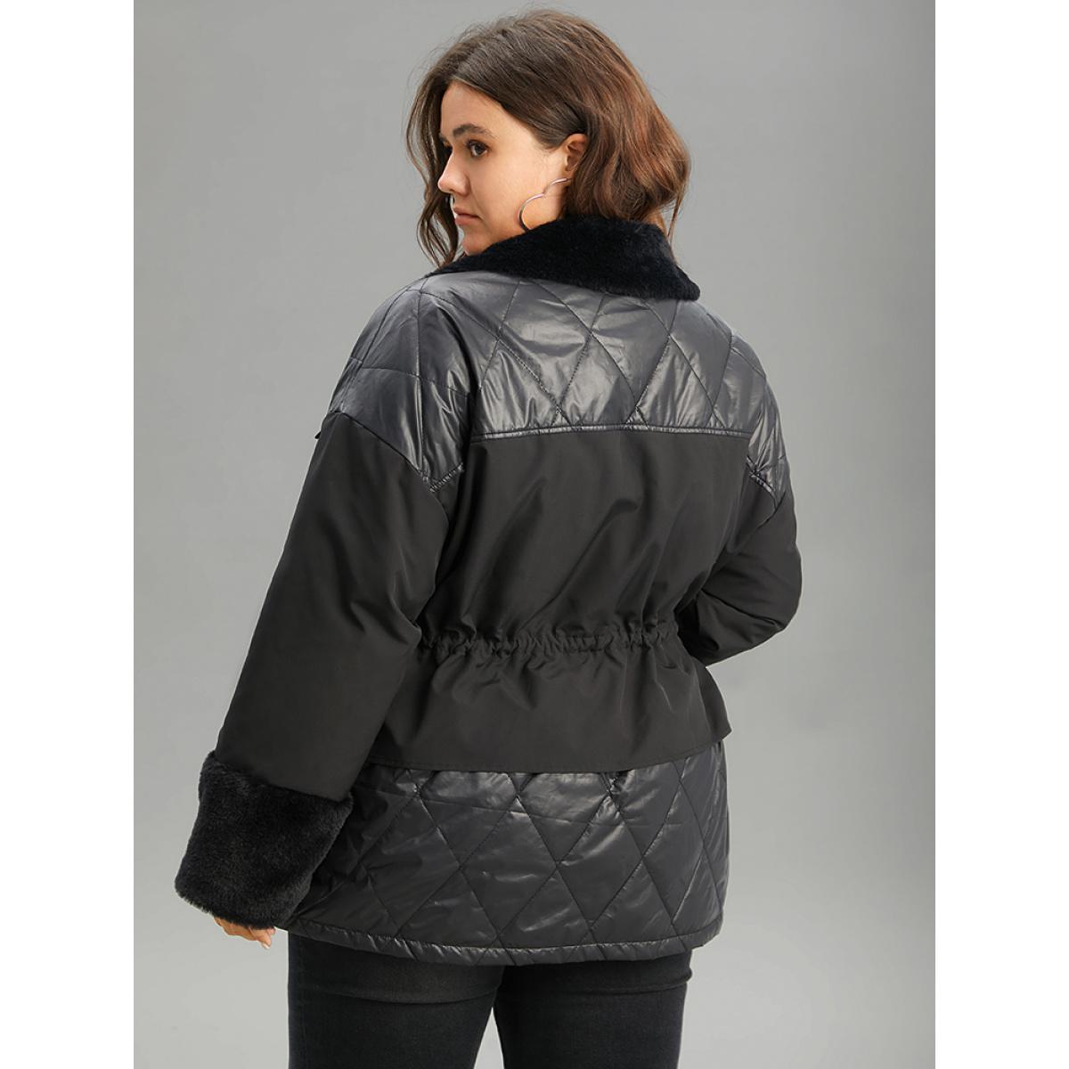 Plus Size Patchwork Fuzzy Drawstring Pocket Quilted Coat Women Black Casual Zipper Ladies Dailywear Winter Coats BloomChic 18-20/2X Product Image