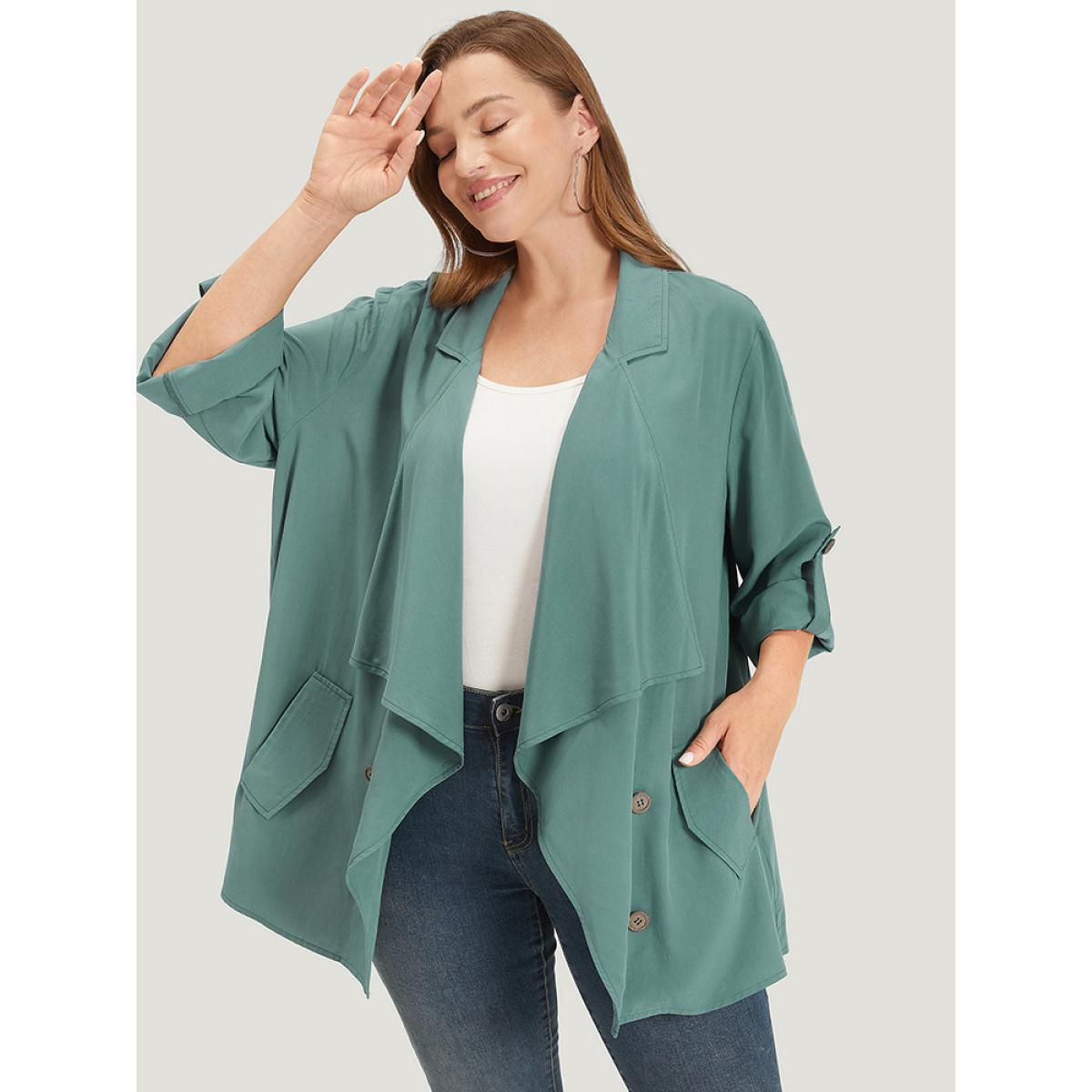 Plus Size Solid Pocket Asymmetrical Neck Roll Tab Sleeve Jacket Women Emerald Plain Loose Pocket Dailywear Jackets BloomChic 30/6X Product Image