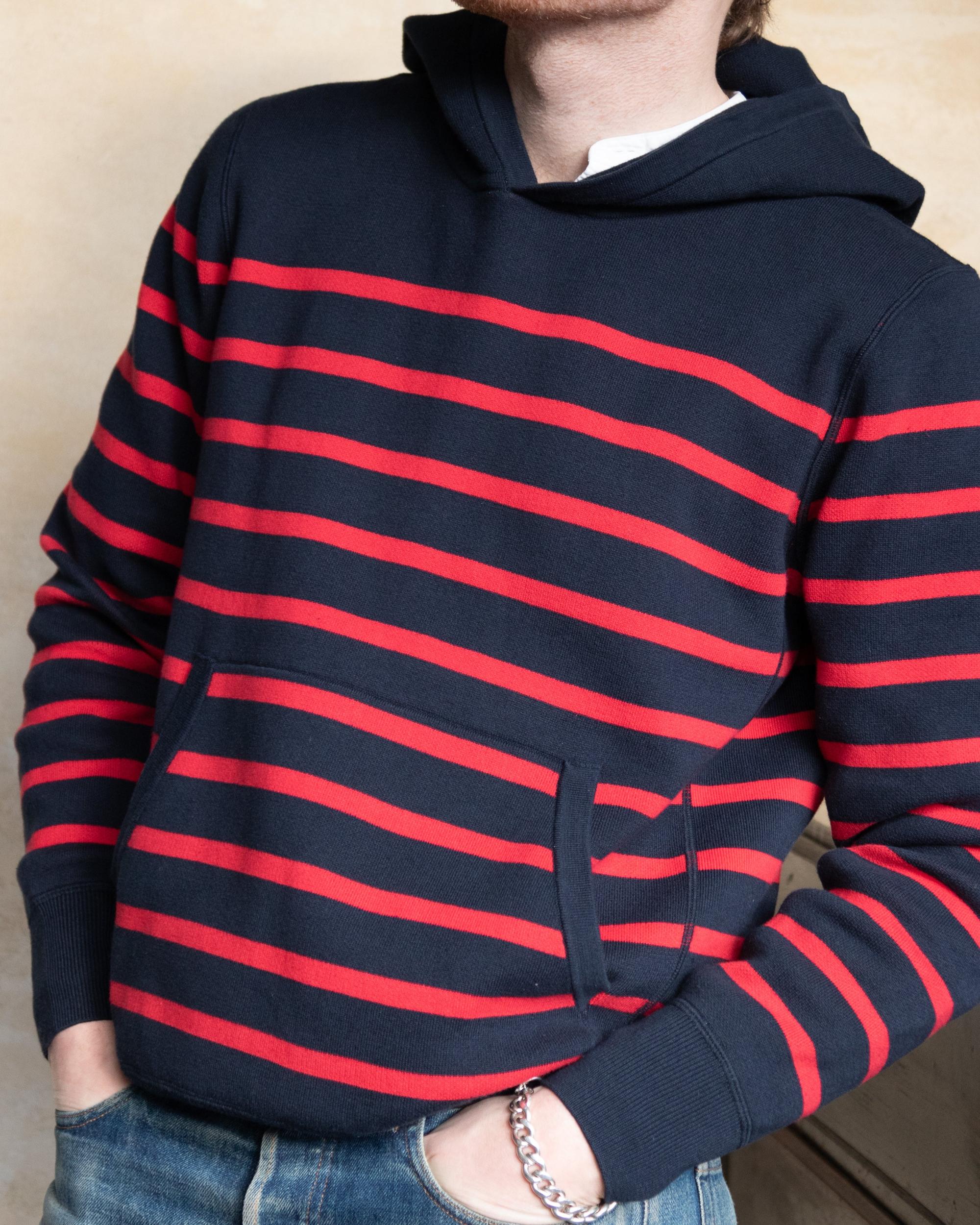 Wharf Knit Hoodie in Navy/Burgundy Stripe Product Image
