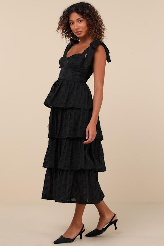 Gorgeous Excellence Black Floral Burnout Tiered Midi Dress Product Image