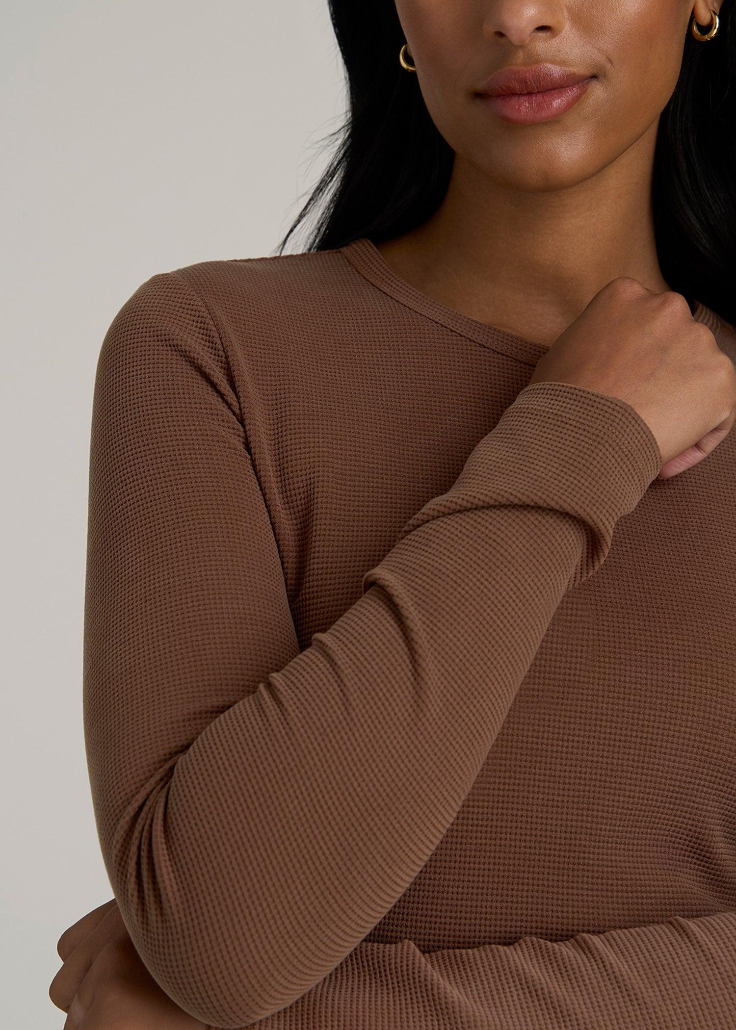 Cropped Long Sleeve Waffle Shirt for Tall Women in Otter Brown Product Image