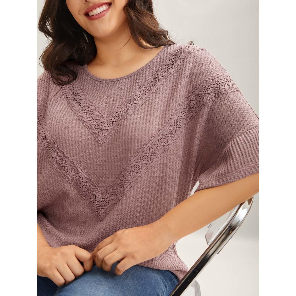 Plus Size Textured Lace Ruffled Sleeve T-Shirt Rouge Women Leisure Woven ribbon&lace trim Round Neck Casual T-shirts BloomChic 14-16/1X Product Image