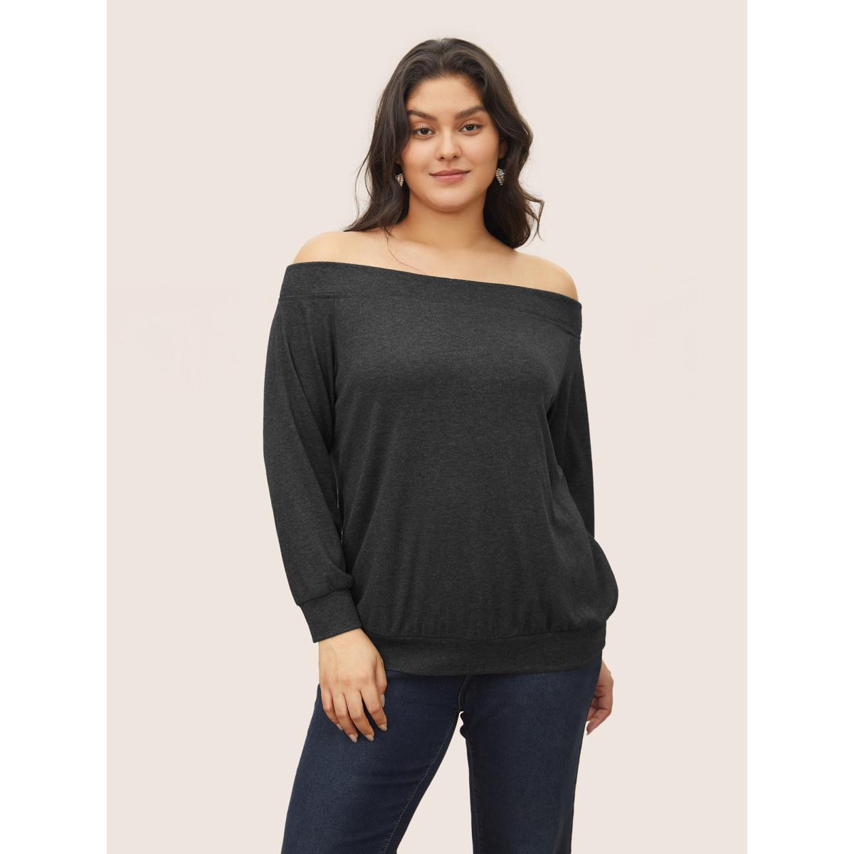 Plus Size Solid Heather Off Shoulder T-shirt DimGray Women Elegant Non Plain One-shoulder neck Everyday T-shirts BloomChic 12/L Product Image
