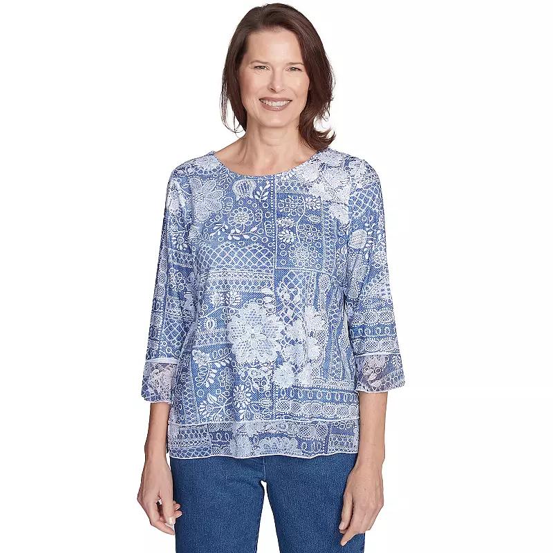 Petite Alfred Dunner Lacey Floral Patchwork Crew Neck Top, Women's,  Product Image