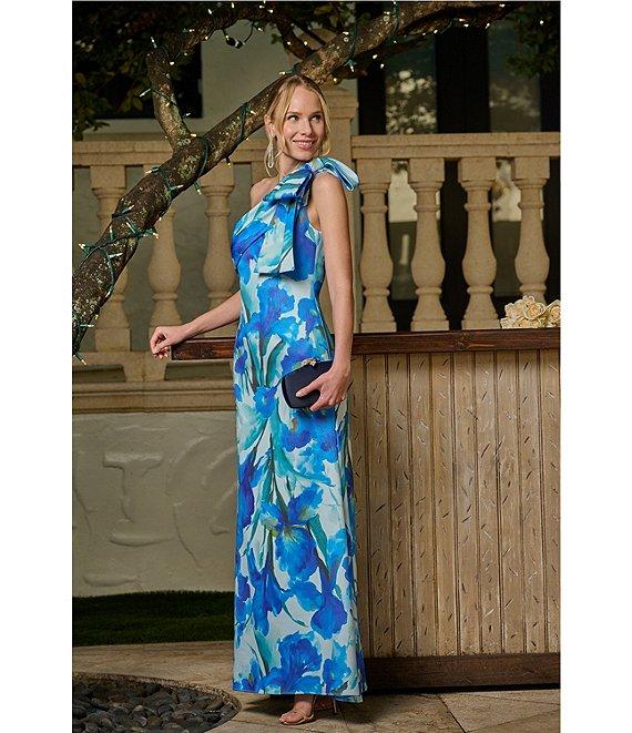 Adrianna Papell Scuba Floral Print One-Shoulder Neck Sleeveless Bow Detail Mermaid Gown Product Image