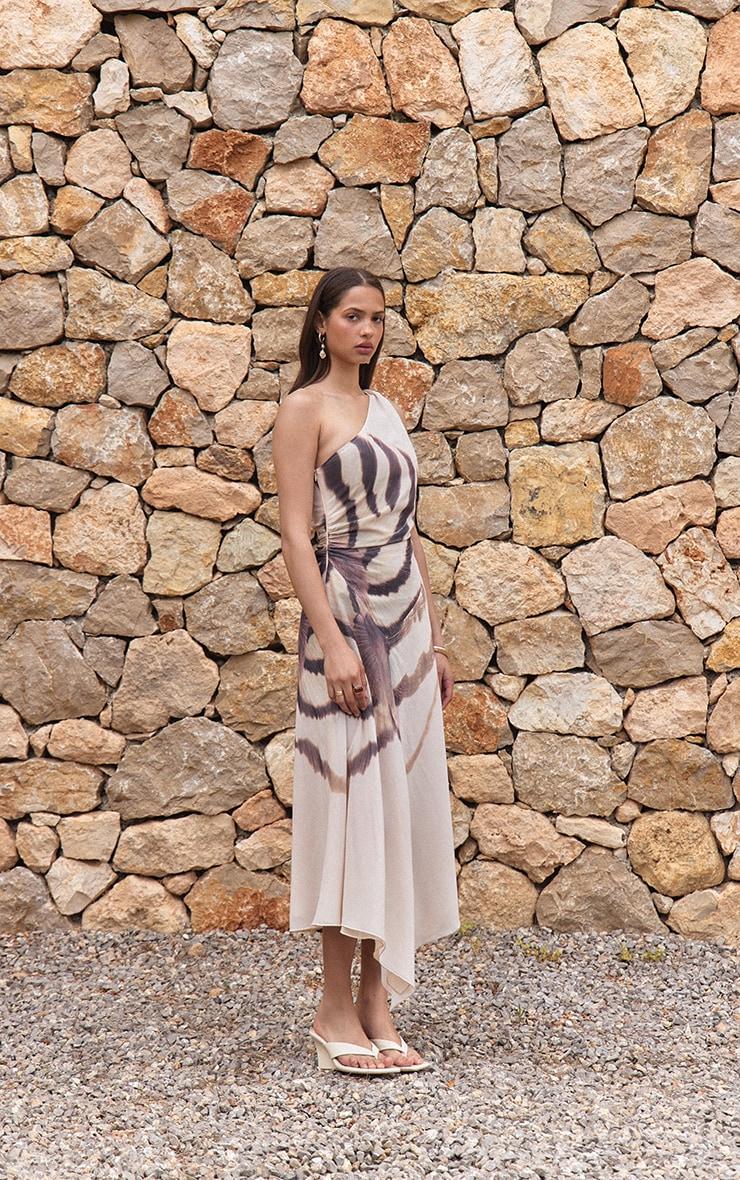 Almond Printed Chiffon One Shoulder Maxi Dress Product Image