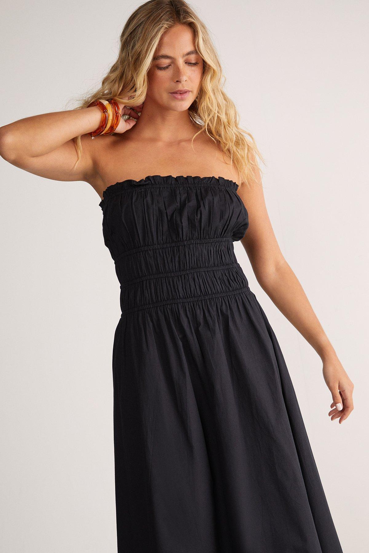 Cotton Poplin Bandeau Ruched Midi Dress Product Image