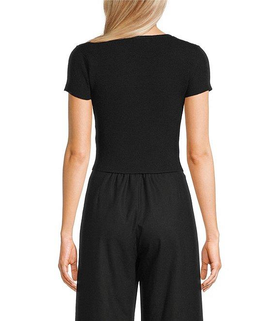 GB Solid Split Rib Crew Neck Short Sleeve Button Front Sweater Cardigan Product Image
