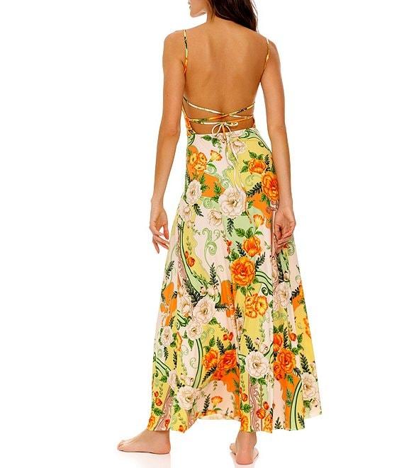 Agua Bendita Arista Floral Knit Print Square Neck Sleeveless Tie Back Maxi Dress Product Image