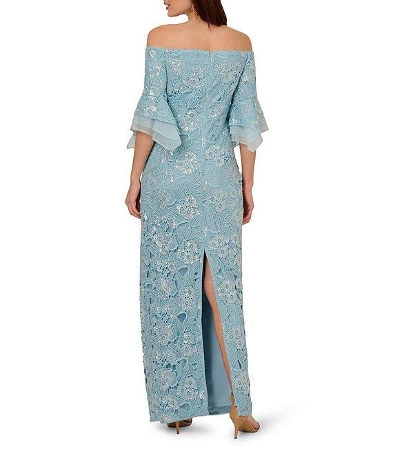 Adrianna Papell Sequin Lace Off-The-Shoulder Neck 3/4 Flutter Sleeve Column Gown Product Image