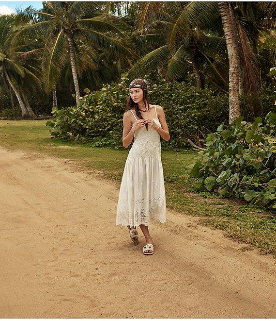 Free People Daphne Embroidered Floral Applique Square Neck Sleeveless Smocked Drop Waist Midi Dress Product Image