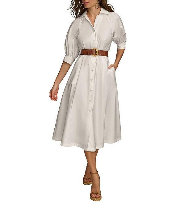 Donna Karan 3/4 Sleeve Collared Neck Belted Pocketed Sateen Midi Dress Product Image