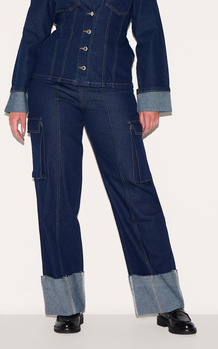 Shape Indigo Stretch Denim Highwaisted Turn Up Hem Cargo Jeans Product Image