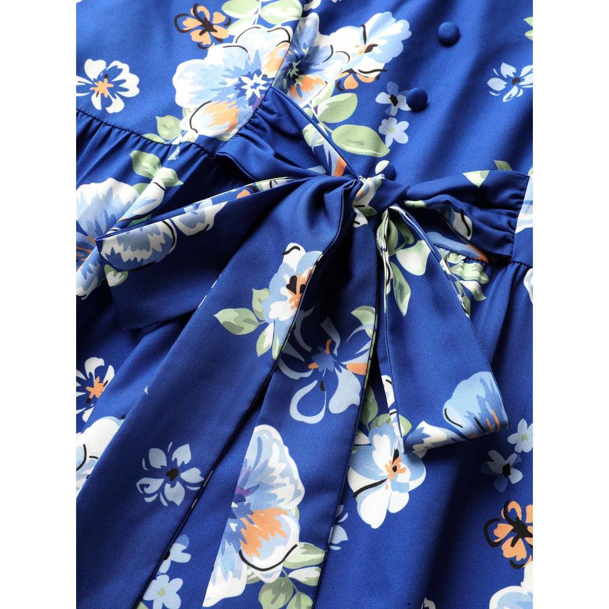 Plus Size Mediumblue Floral Print Ruched Ruffle Sleeve Blouse Women Elegant Short sleeve V-neck Everyday Blouses BloomChic 28/5X Product Image