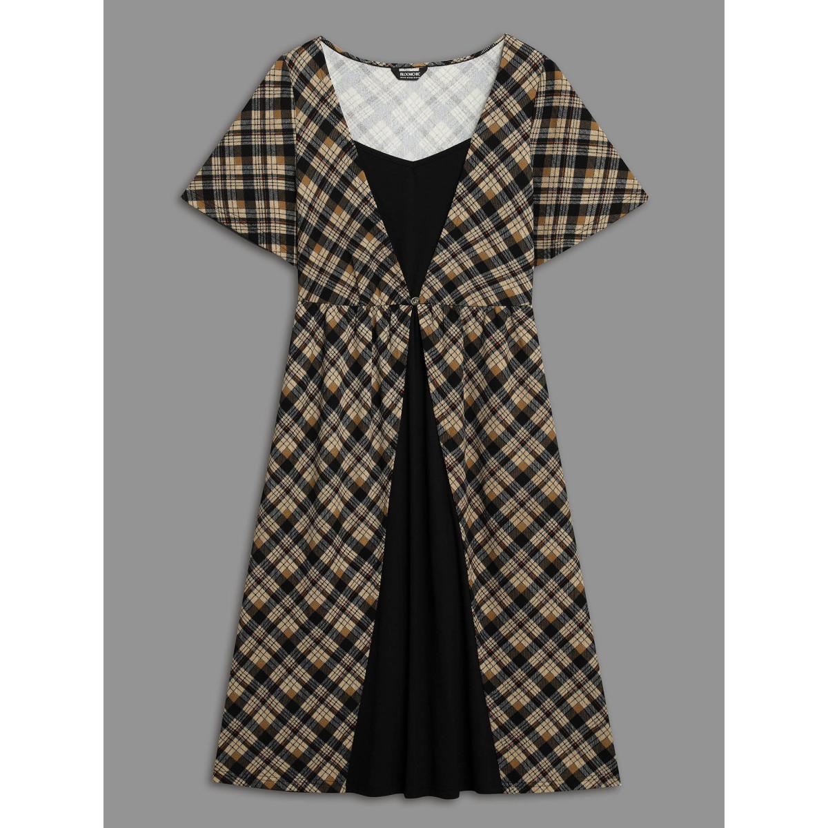 Plus Size Plaid Color-Block Ruched Open Midi Dress Tan Women Casual Patchwork Heart neckline Short sleeve Curvy BloomChic 22-24/3X Product Image