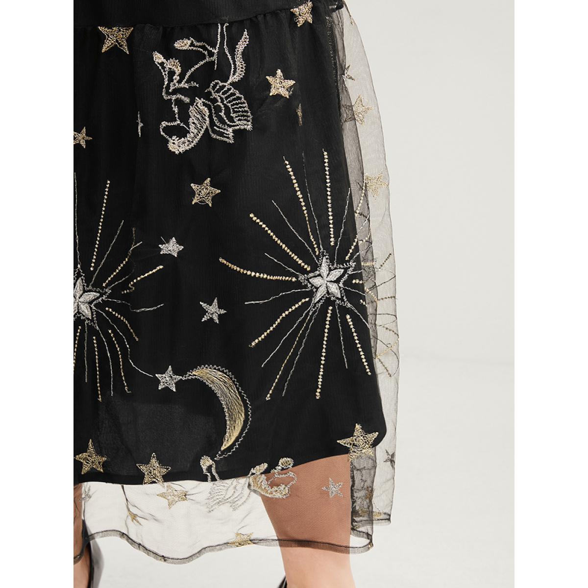 Plus Size Moon And Star Pocket Lantern Sleeve Embroidered Mesh Dress Black Women Party Round Neck Long Sleeve Curvy Long Dress BloomChic 14-16/1X Product Image
