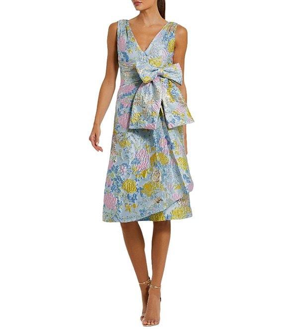 Mac Duggal Brocade Floral Print V Neck Sleeveless Bow Detail A-Line Midi Dress Product Image