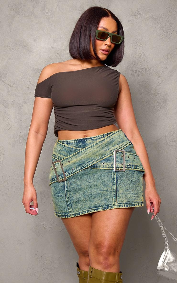 Shape Washed Green Denim Belted Mini Skirt Product Image