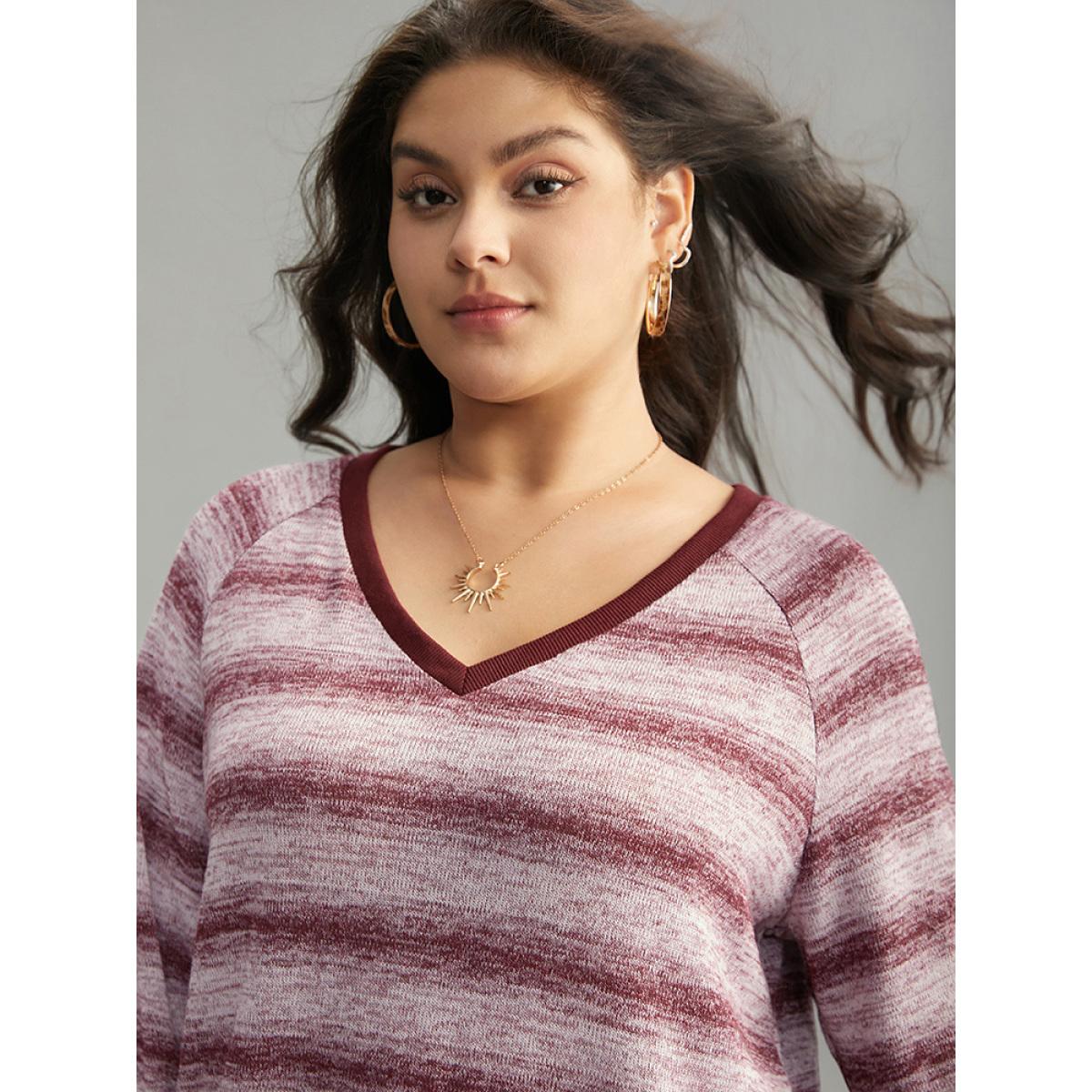 Plus Size Striped Ombre Rib Knit Elastic Cuffs Sweatshirt Women Burgundy Casual Rib Knit V-neck Dailywear Sweatshirts BloomChic 28/5X Product Image