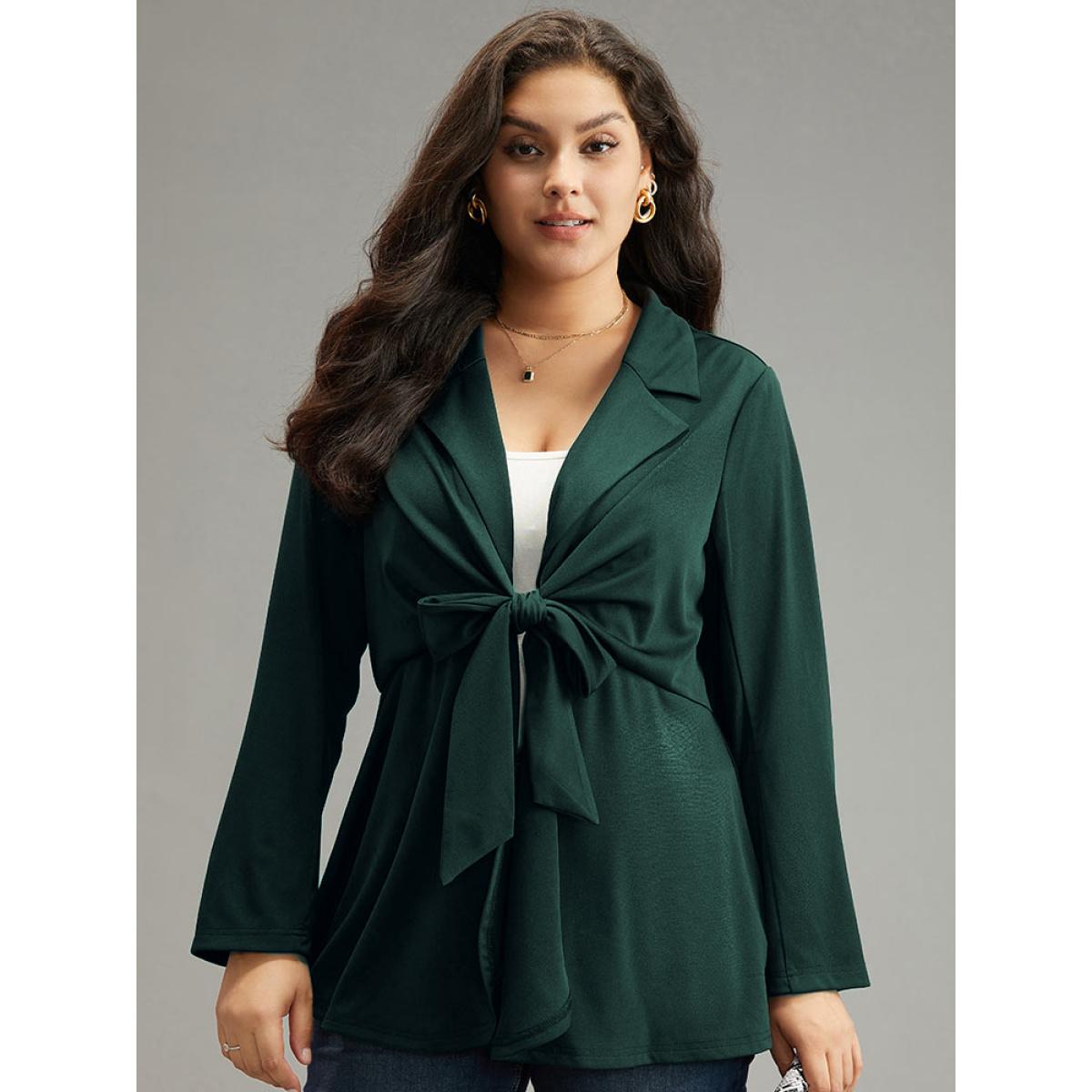 Plus Size Suit Collar Knot Ruffle Hem Blazer DarkGreen Women Work Plain Plain Sleeve Long Sleeve Suit Collar 12/L Work From Home Blazers BloomChic Product Image