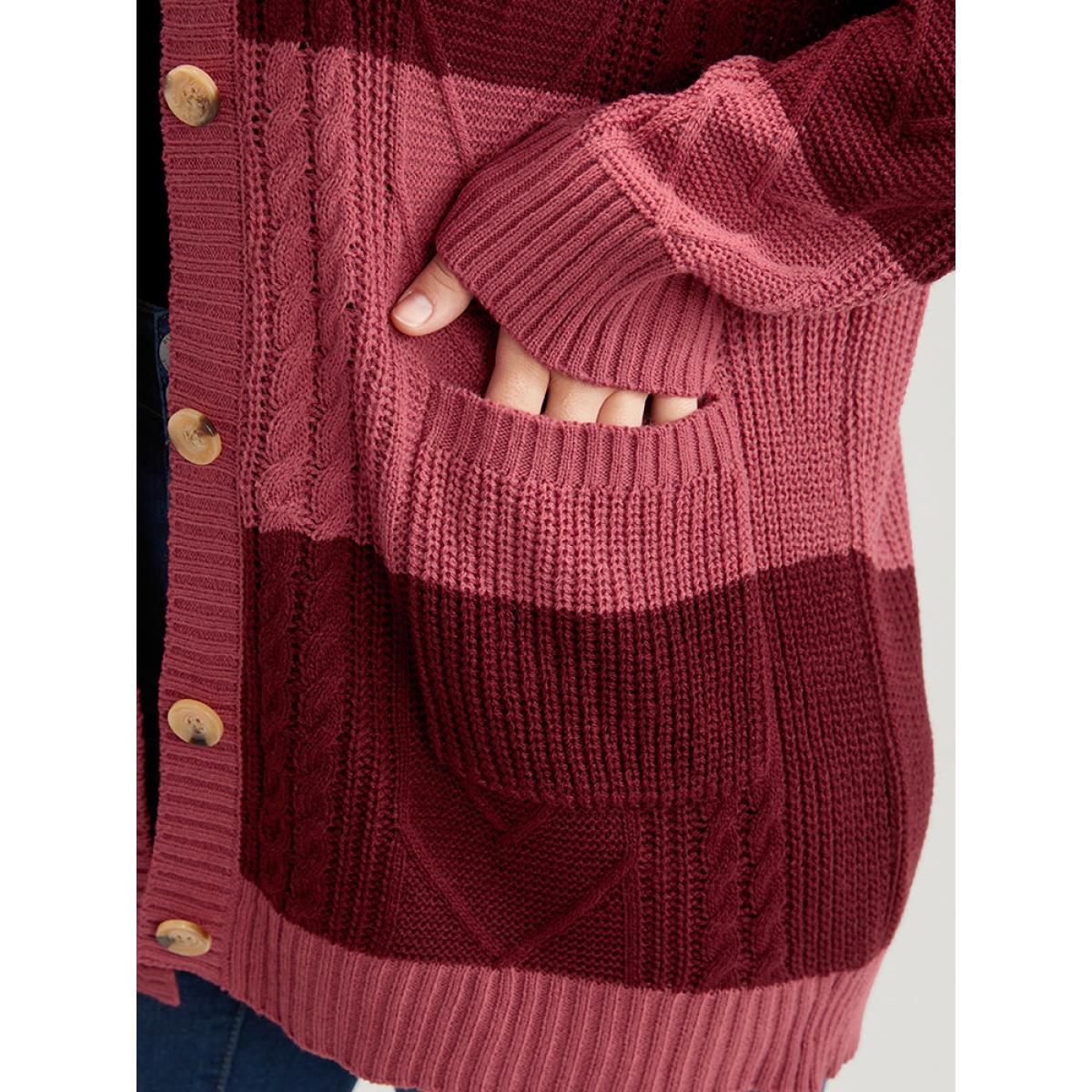 Plus Size Colorblock Contrast Pointelle Knit Pocket Button Front Cardigan Multicolor Women Casual Loose Long Sleeve Dailywear Cardigans BloomChic 10/M Product Image