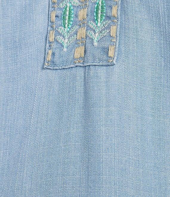 Multiples Lyocell Embroidered Elbow Raglan Sleeve Notch Neck Band Collar Hi-Low Hem Top Product Image