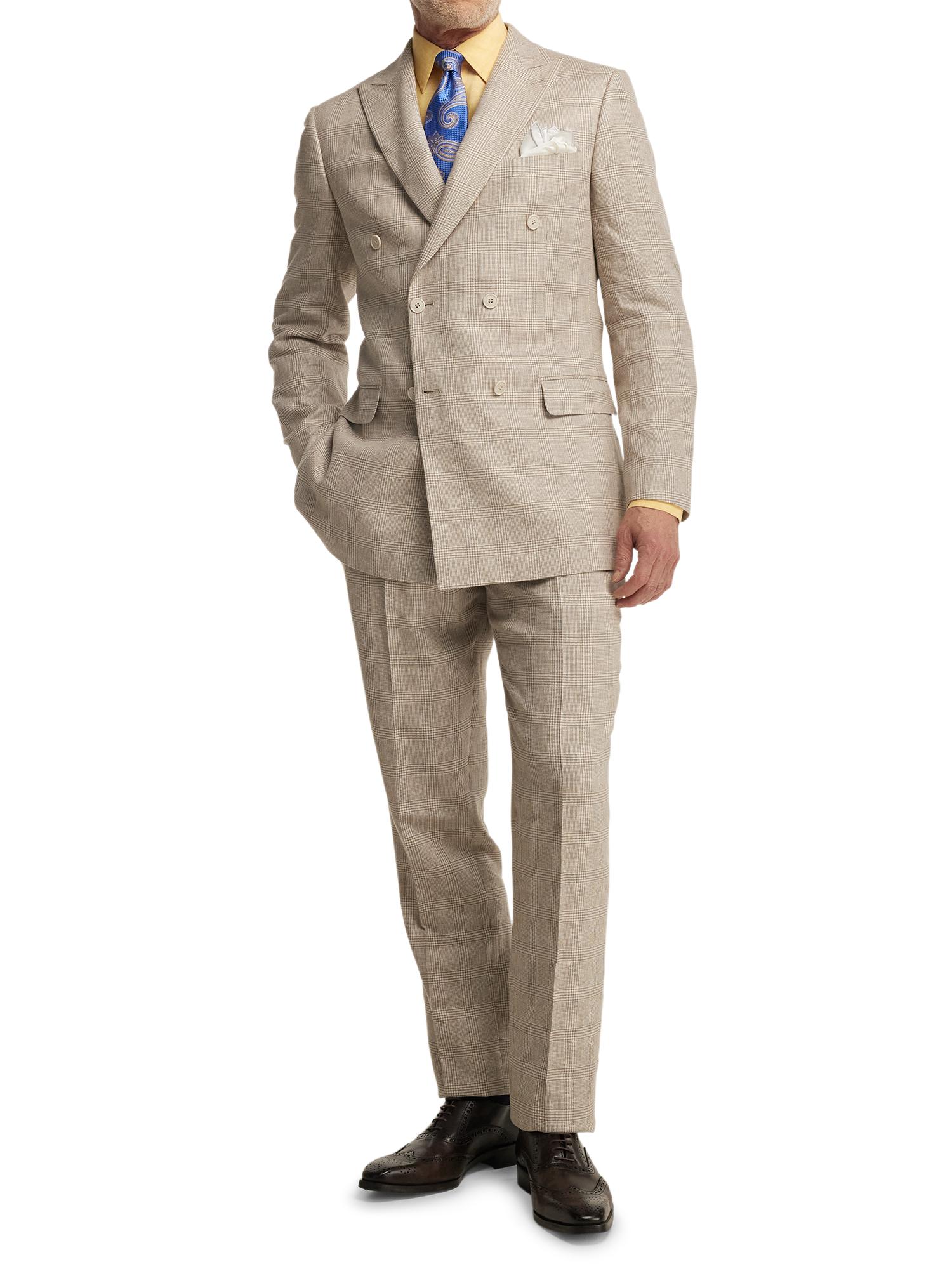 Linen Blend Plaid Double Breasted Peak Lapel Suit Jacket - Tan Product Image