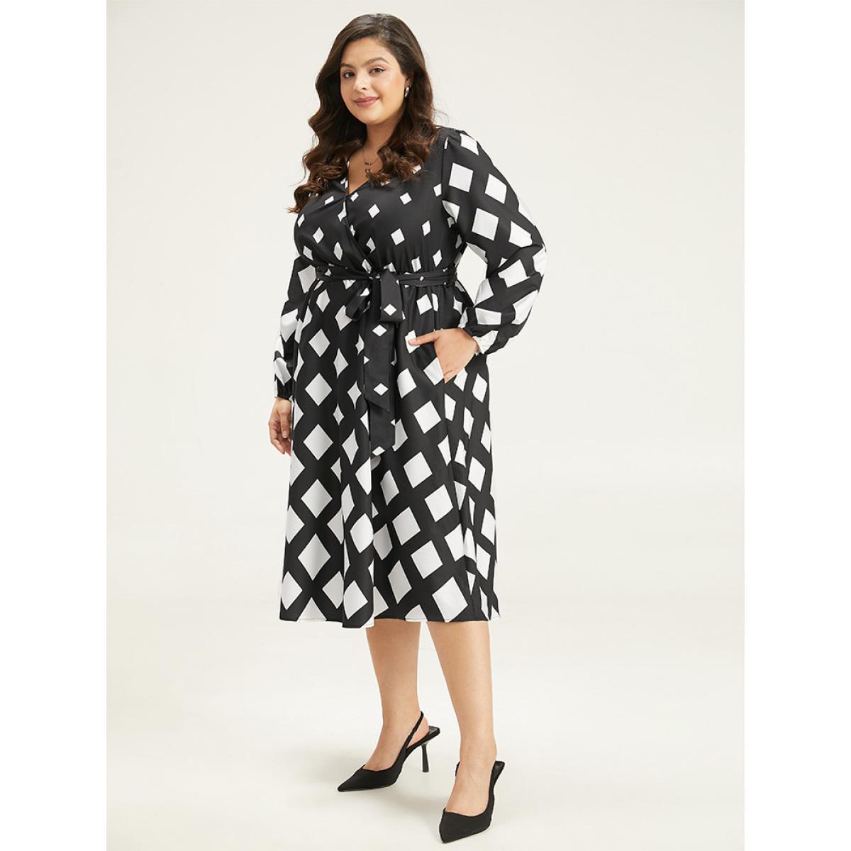 Plus Size Geometric Print Belted Lantern Sleeve Dress BlackFlower Women Office Elastic cuffs V-neck Long Sleeve Curvy Midi Dress BloomChic 26/4X Product Image