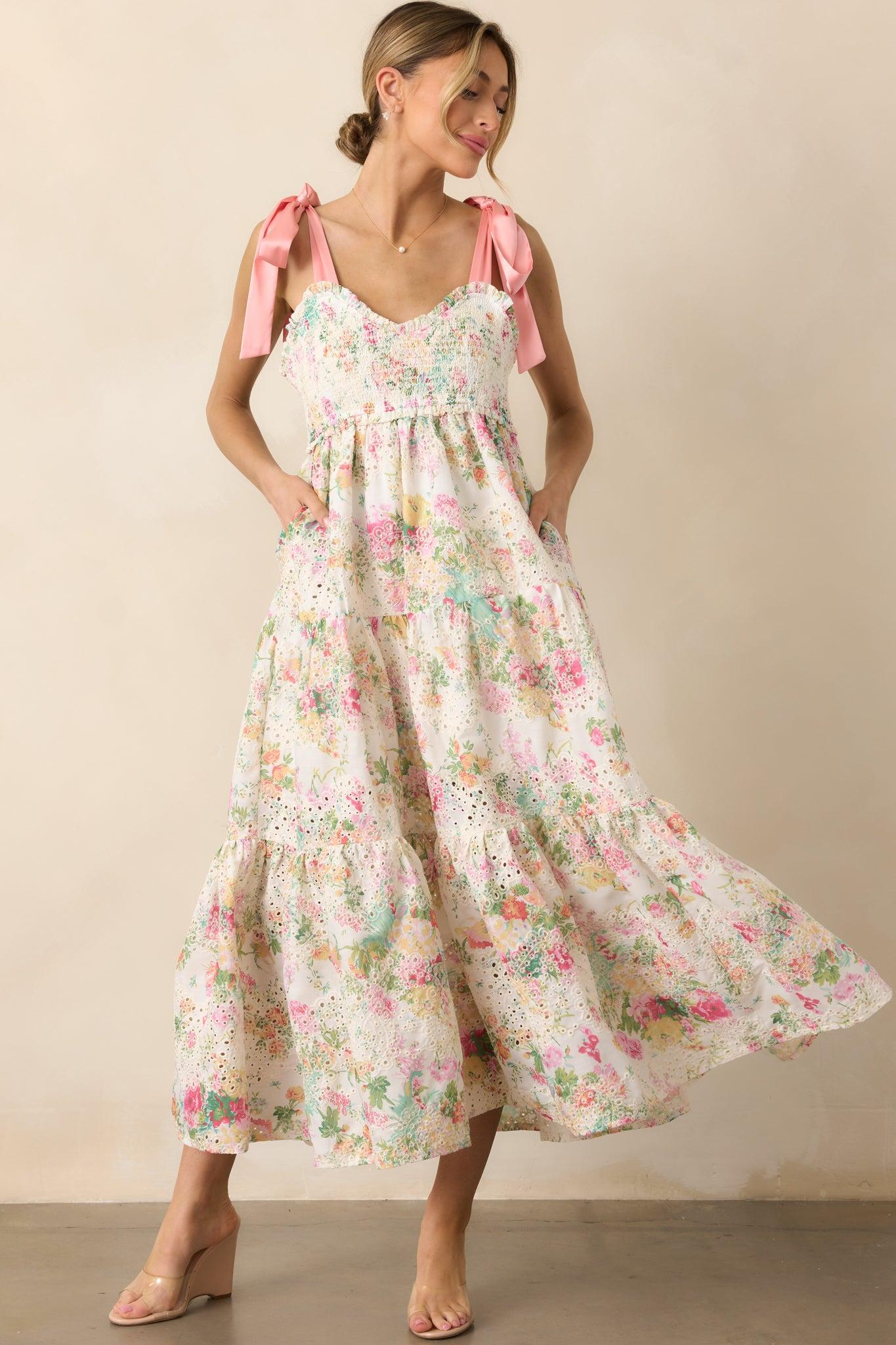 Invite Only Light Pink Multi Floral Embroidered Eyelet Midi Dress Product Image
