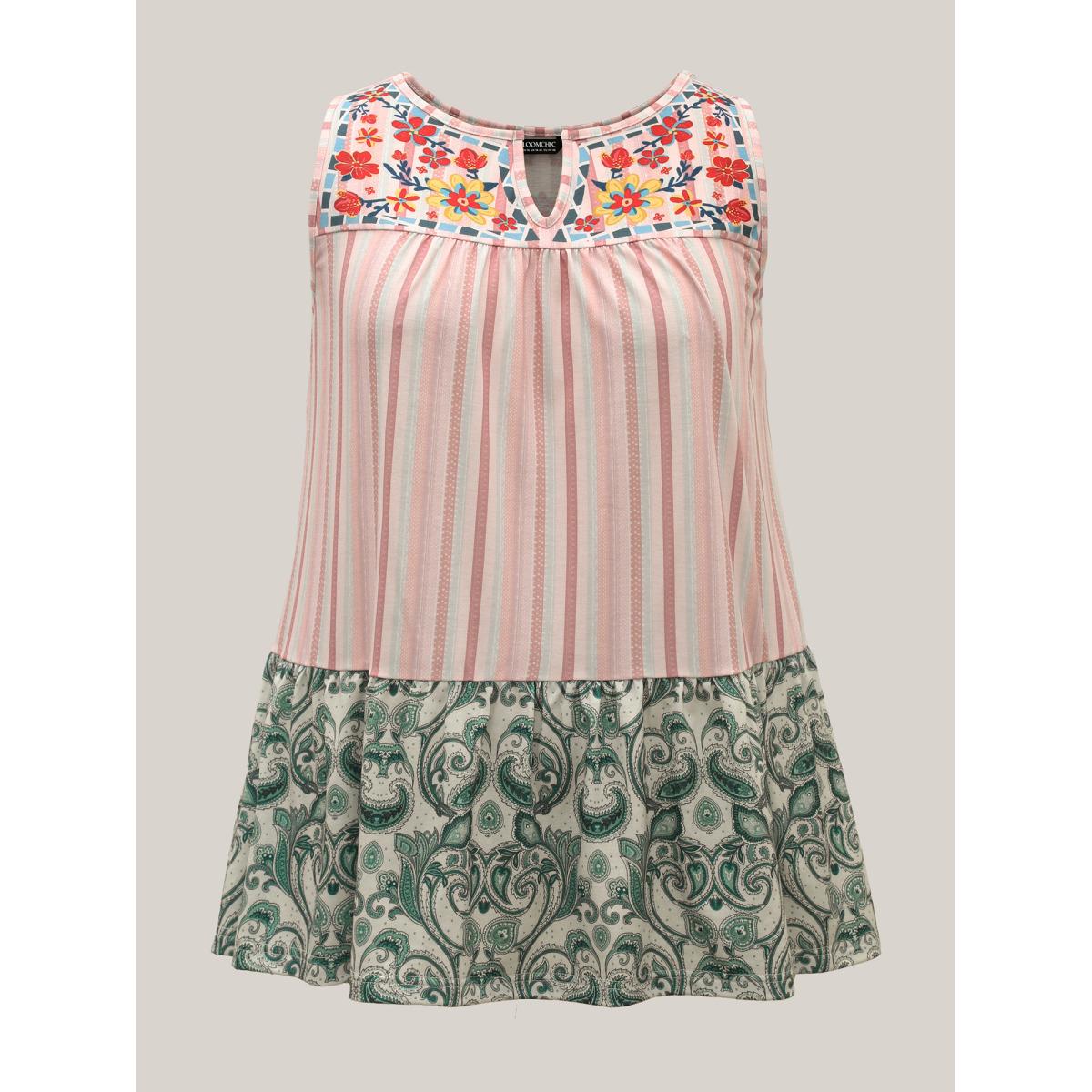 Plus Size Striped Print Spliced Ruffled Tank Top Women Multicolor Boho Gathered Flat collar with V-notch Vacation Tank Tops Camis BloomChic 28/5X Product Image