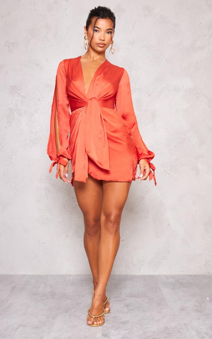 Rust Satin Twist Front Open Sleeve Wrap Dress Product Image