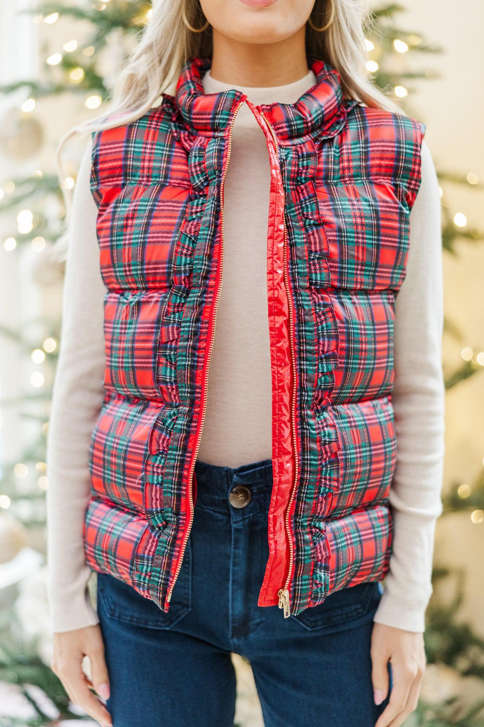 Oh So Merry Red Plaid Puffer Vest Female Product Image