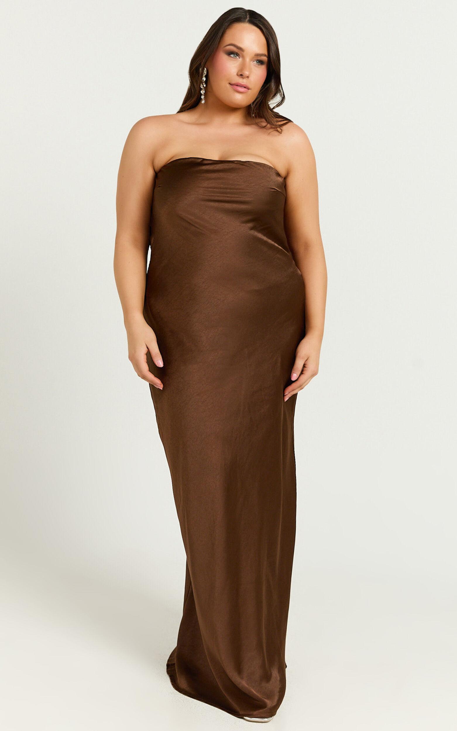 Charlita Maxi Dress - Strapless Cowl Back Satin Dress in Chocolate Product Image